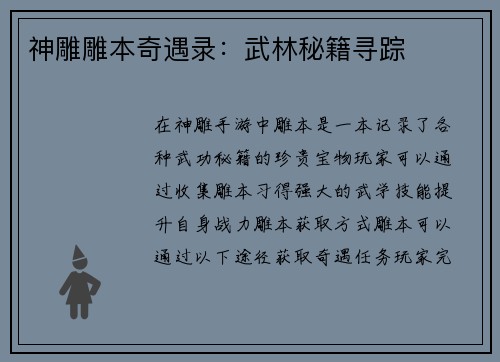 神雕雕本奇遇录：武林秘籍寻踪